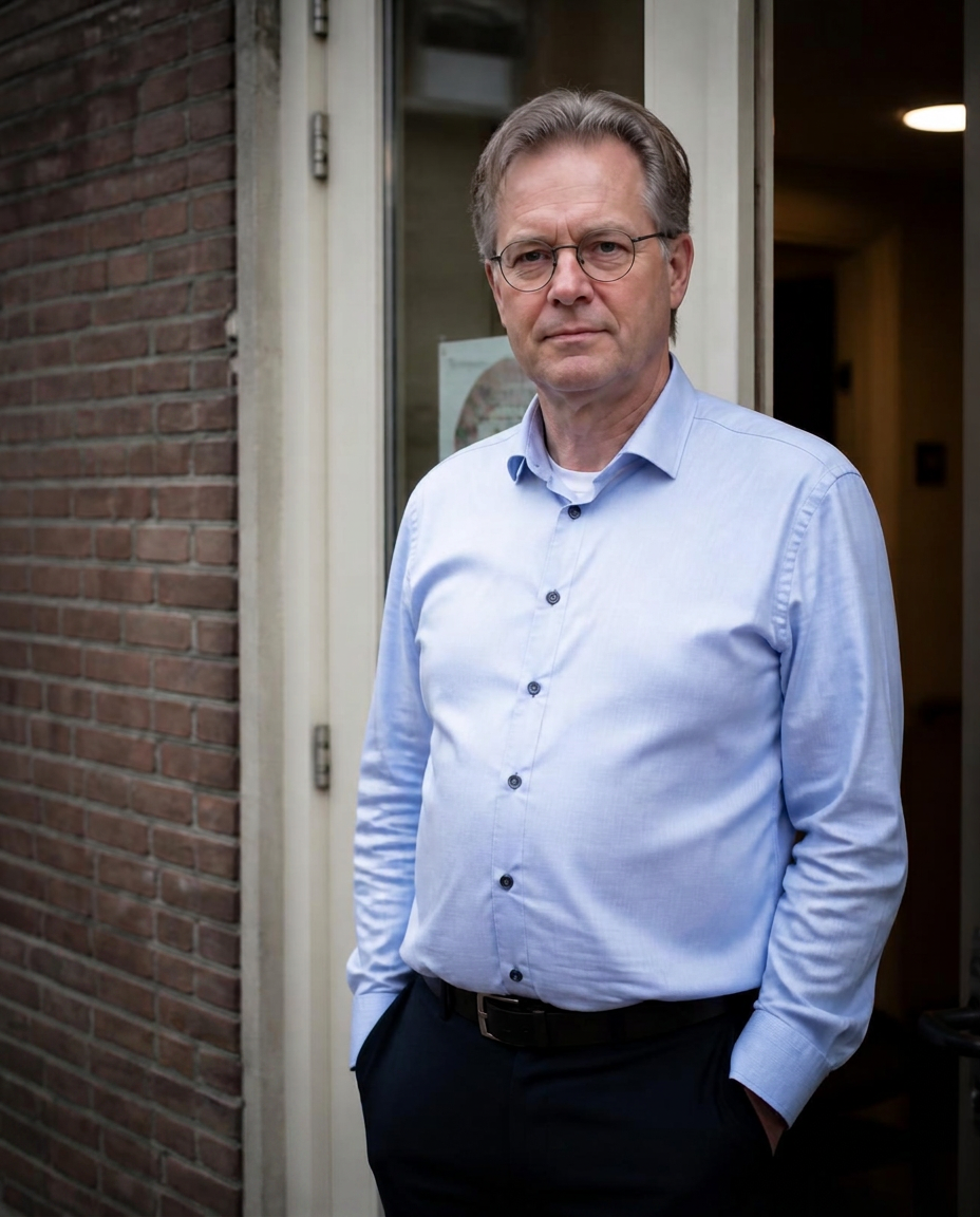 Portret van een zorgondernemer in de deuropening van zijn organisatie