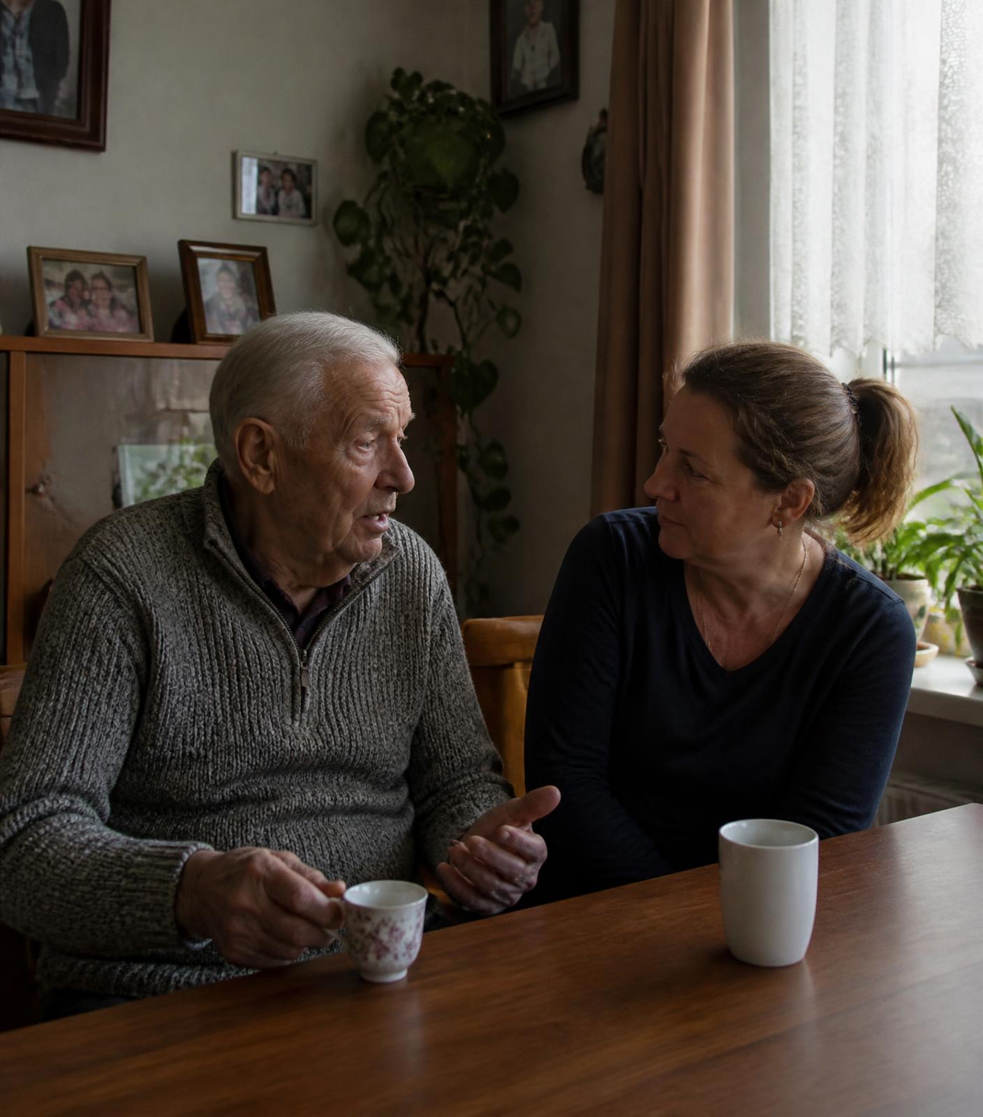 Oudere man aan de eettafel in zijn eigen woonkamer in gesprek met een vaste zorgprofessional