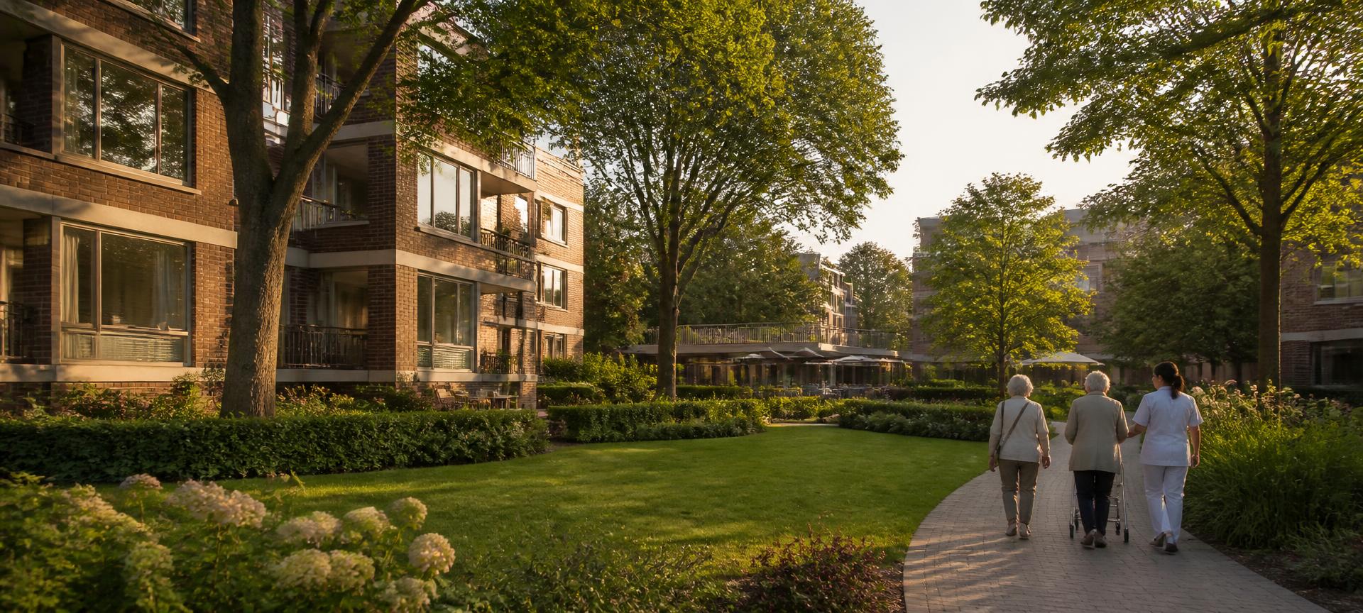 Seniorencomplex met binnentuin waar bewoners samen met een zorgprofessional wandelen