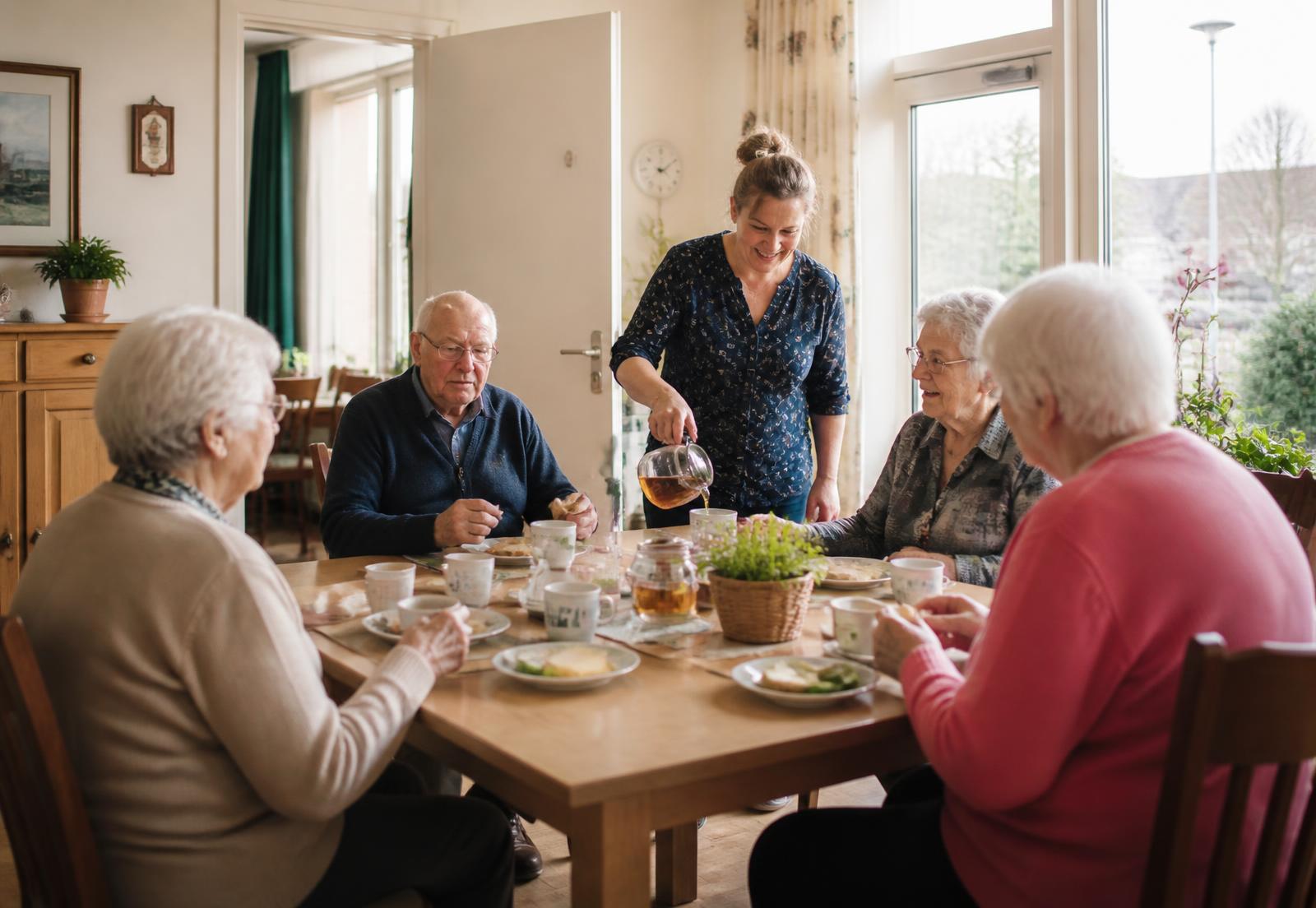 Bewoners en een zorgprofessional aan de lunchtafel in een kleinschalige woonzorglocatie